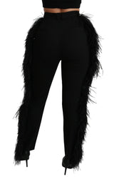 Black Feather Straight High Waist Wool Pants - Avaz Shop