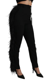 Black Feather Straight High Waist Wool Pants - Avaz Shop