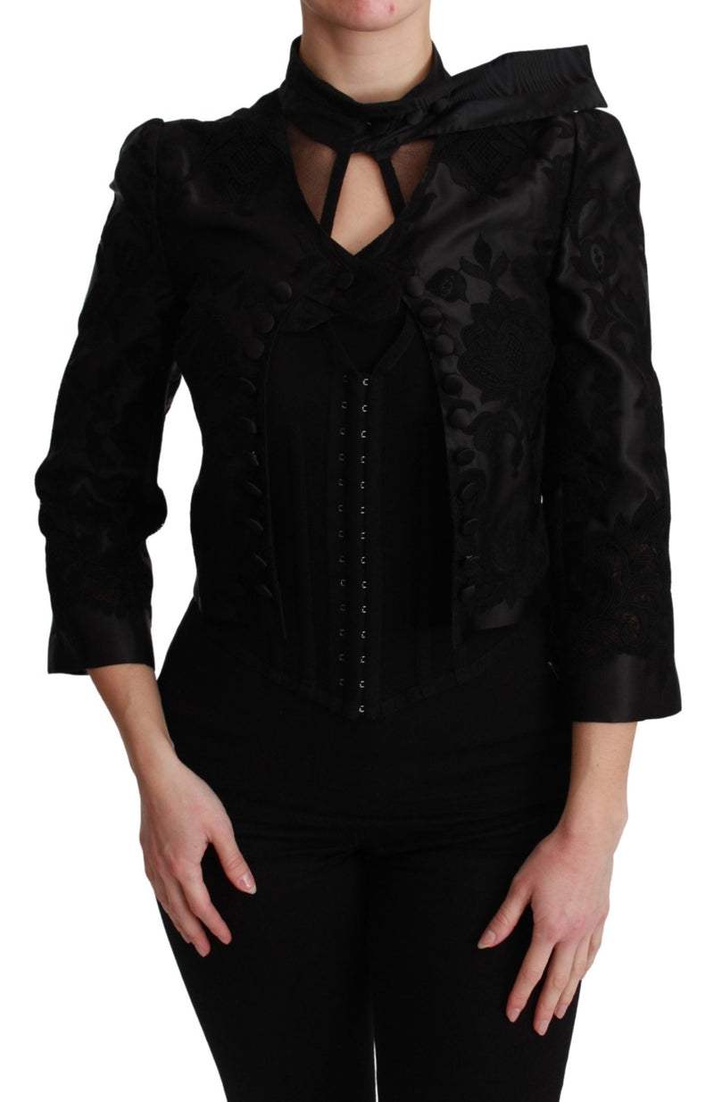 Black Floral Jacquard Blazer Silk Jacket - Avaz Shop