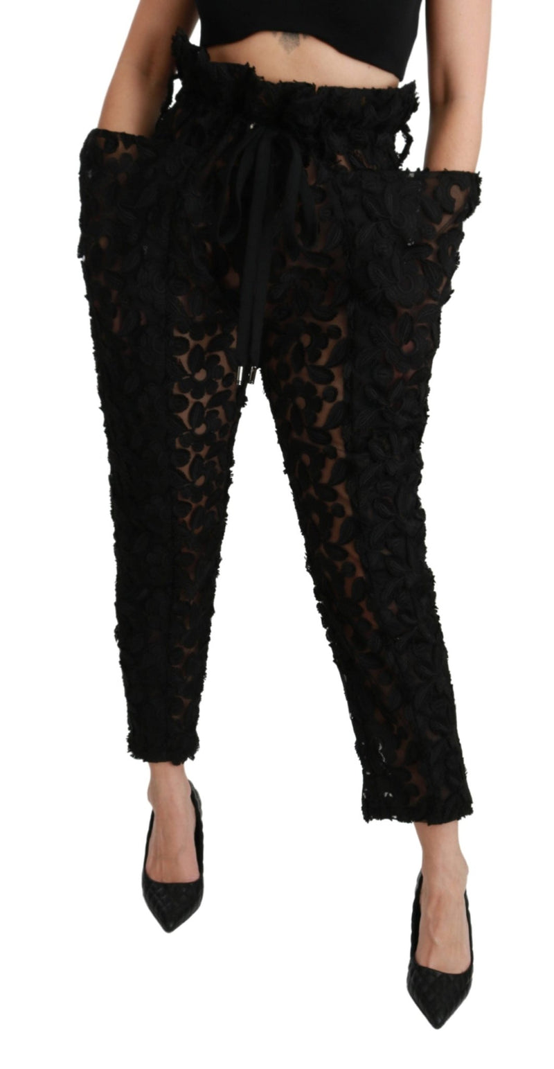 Black Floral Lace Tapered High Waist Pants - Avaz Shop