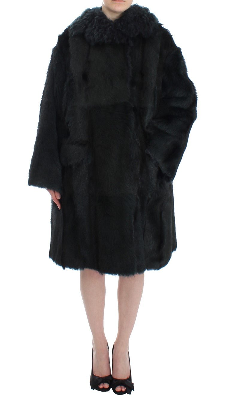 Black Goat Fur Shearling Long Jacket Coat - Avaz Shop