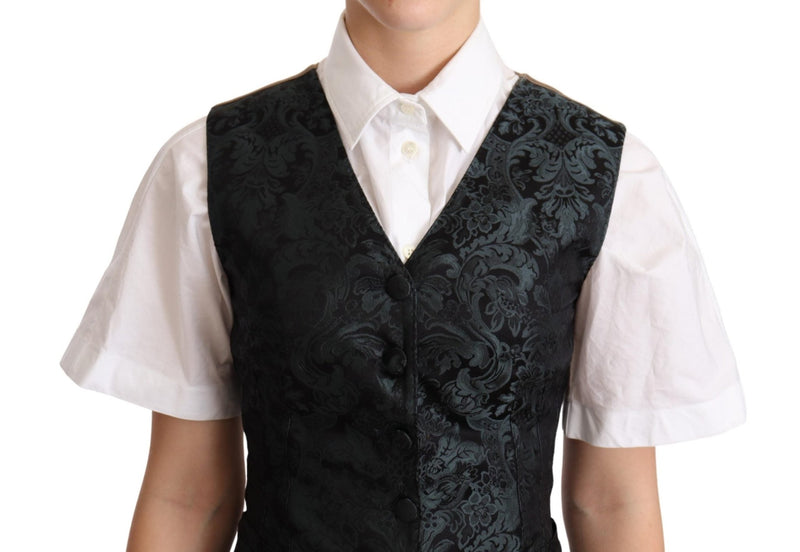 Black Jacquard Floral Waistcoat Vest Green - Avaz Shop
