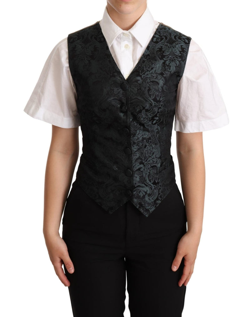 Black Jacquard Floral Waistcoat Vest Green - Avaz Shop