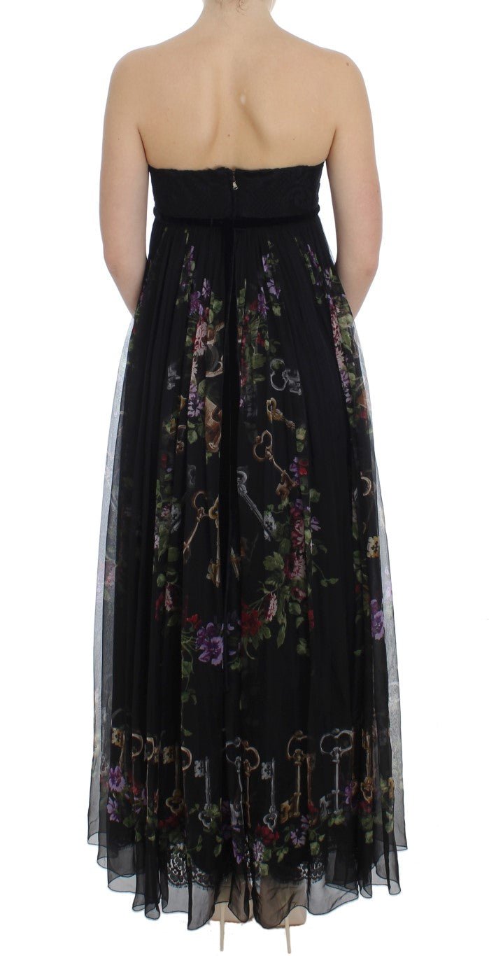 Black Key Print Silk Crystal Brooch Dress - Avaz Shop