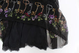 Black Key Print Silk Crystal Brooch Dress - Avaz Shop