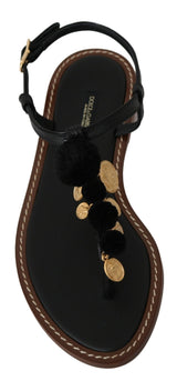 Black Leather Coins Flip Flops Sandals Shoes - Avaz Shop