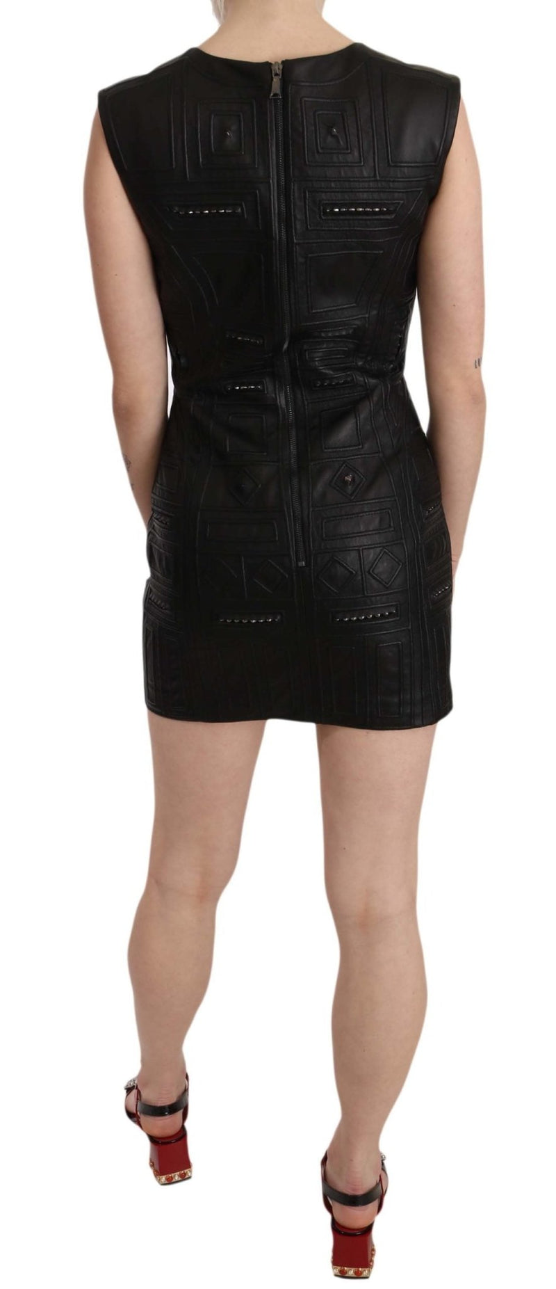 Black Leather Studded Mini Shift Dress - Avaz Shop