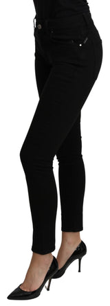 Black Mid Waist Slim Fit Cropped Cotton Jeans - Avaz Shop