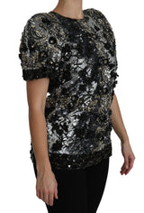 Black Sequined Crystal Embellished Top Blouse - Avaz Shop
