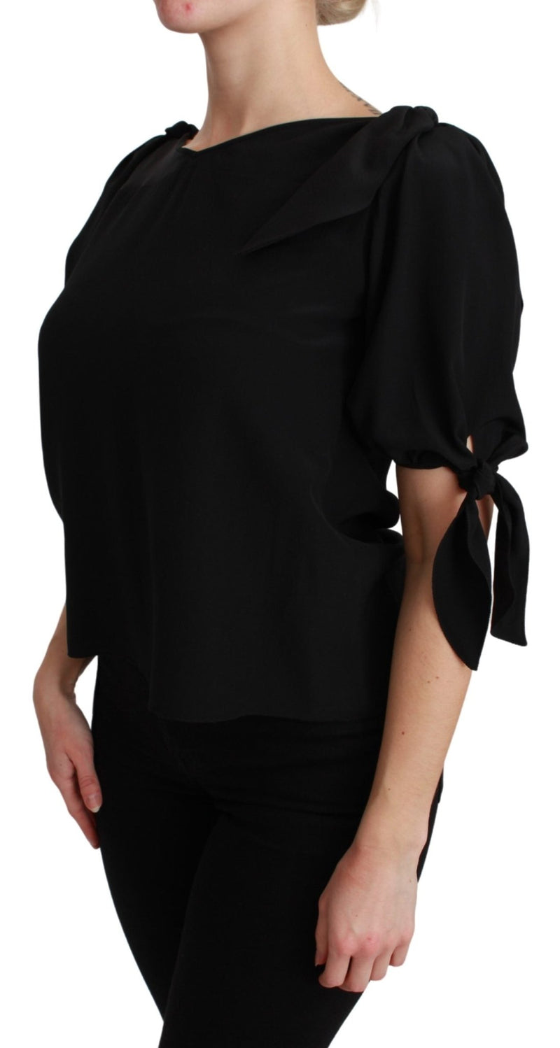 Black Short Sleeve Casual Blouse Silk Top - Avaz Shop