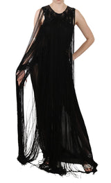 Black Silk Beaded Sequined Sheer Dress - Avaz Shop