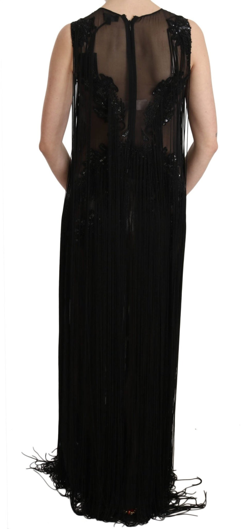 Black Silk Beaded Sequined Sheer Dress - Avaz Shop