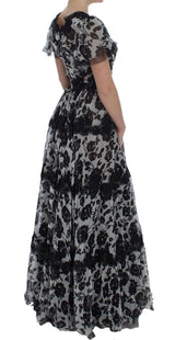 Black Silk Floral Lace Ricamo Ball Maxi Dress - Avaz Shop