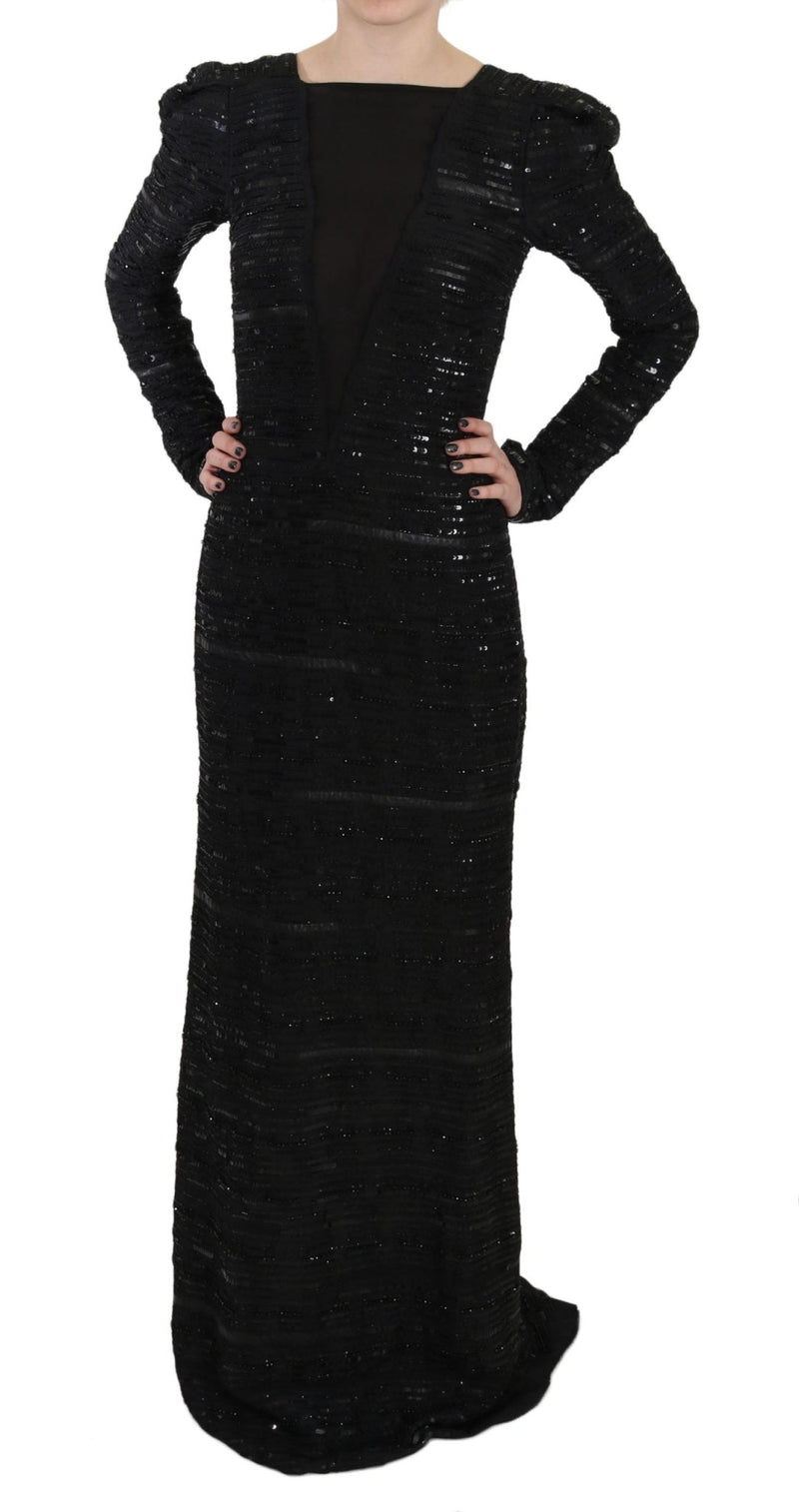 Black Silk Full Length Sequined Gown Dress - Avaz Shop