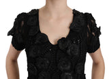 Black Silk Leather Flowers Sheath Dress - Avaz Shop