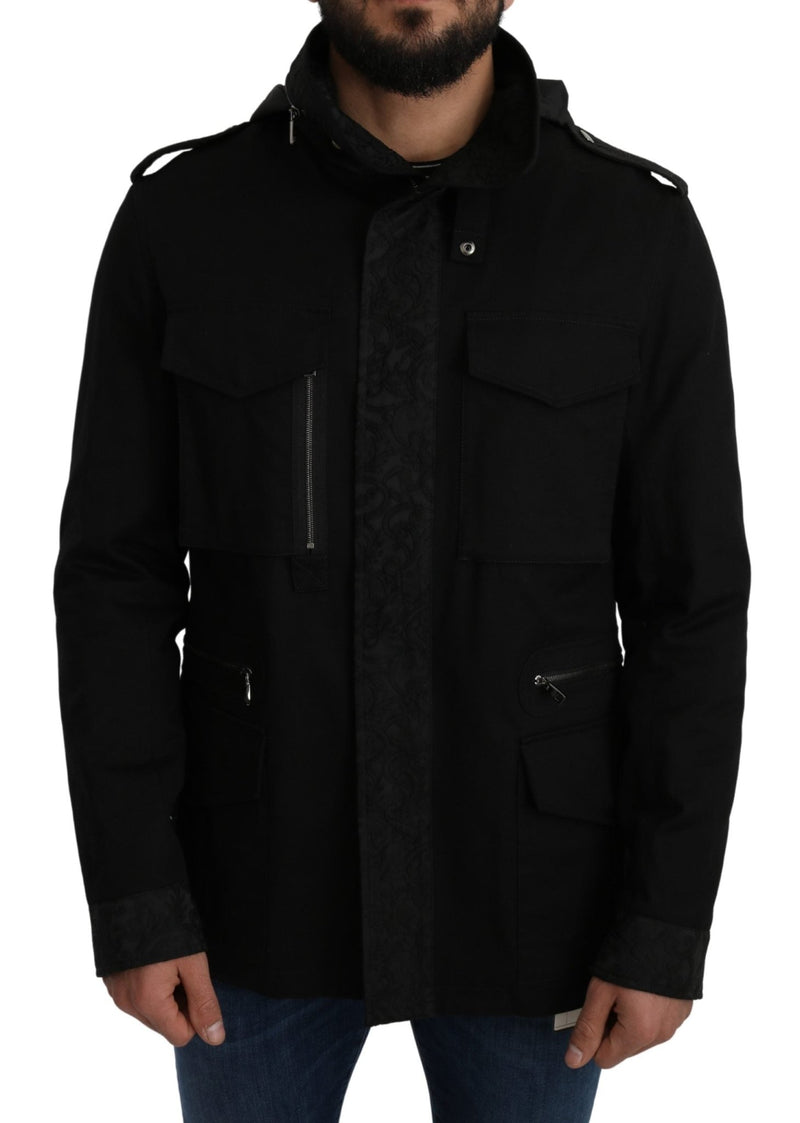 Black Solid Jacquard Coat Hooded Jacket - Avaz Shop