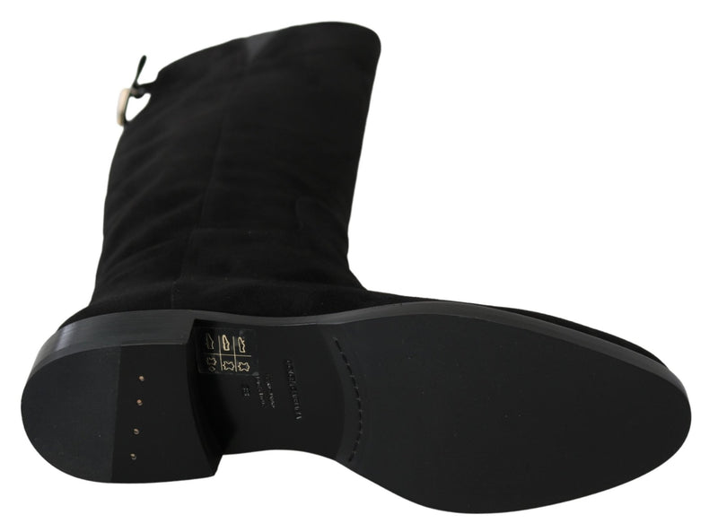 Black Suede Knee High Flat Boots Shoes - Avaz Shop