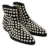 Black Suede Pearl Studs Boots Shoes - Avaz Shop