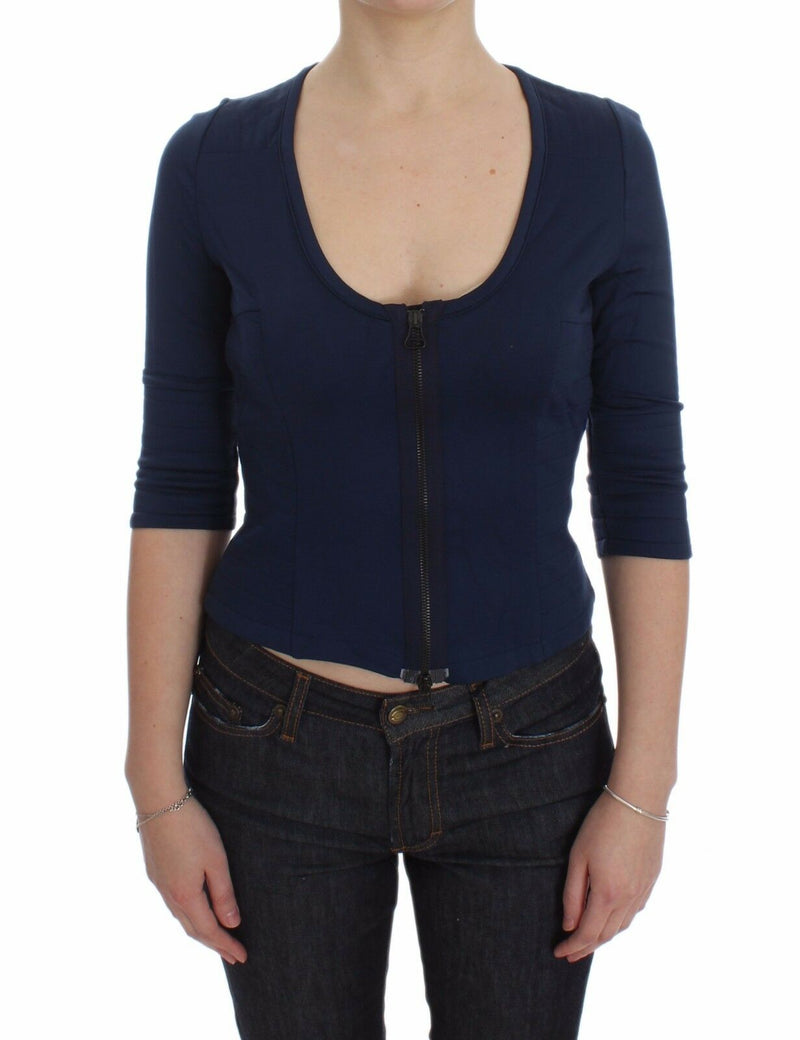 Blue Cotton Top Zipper Deep Crew-neck Sweater - Avaz Shop