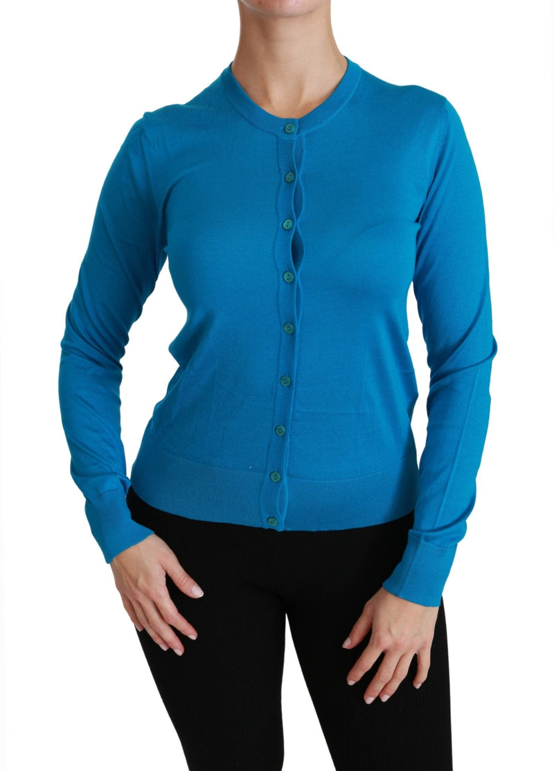 Blue Crewneck Cardigan 100% Silk Sweater - Avaz Shop