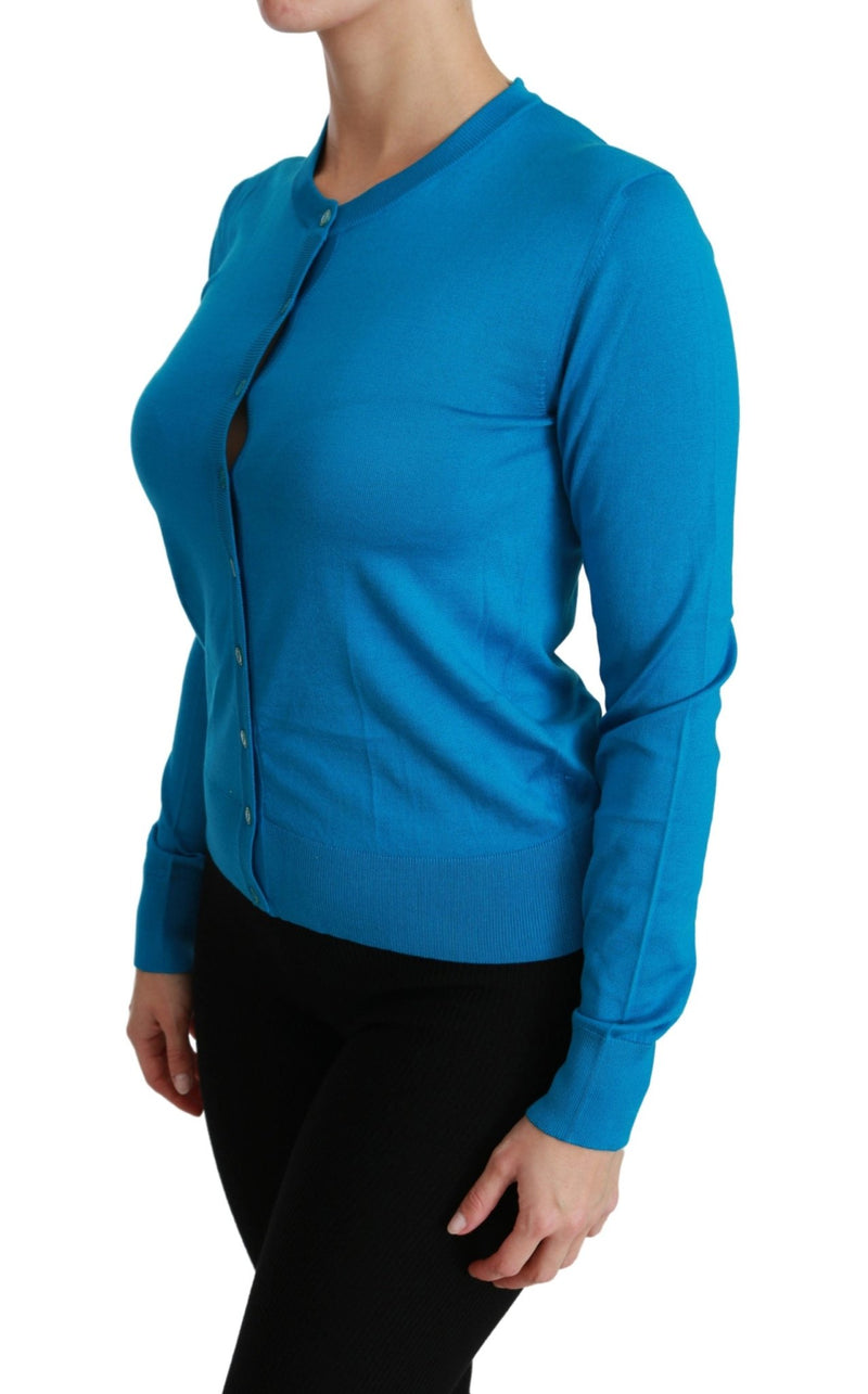 Blue Crewneck Cardigan 100% Silk Sweater - Avaz Shop