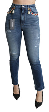 Blue Crystal Embellished Slim Fit Pants Jeans - Avaz Shop
