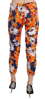 Blue Floral Print Skinny Slim Fit Trousers Pants - Avaz Shop