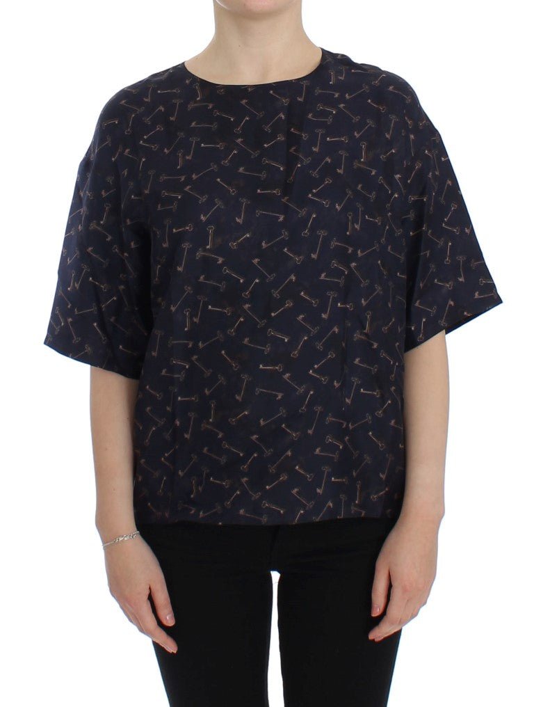 Blue gold key print silk blouse - Avaz Shop