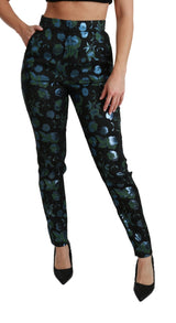 Blue Green Floral Metallic Slim Pants - Avaz Shop