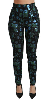 Blue Green Floral Metallic Slim Pants - Avaz Shop