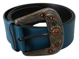 Blue Leather Orange Crystal Baroque Buckle Belt - Avaz Shop