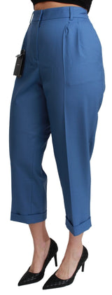 Blue Pleated Wool Cuffed Cropped Trouser Pants - Avaz Shop