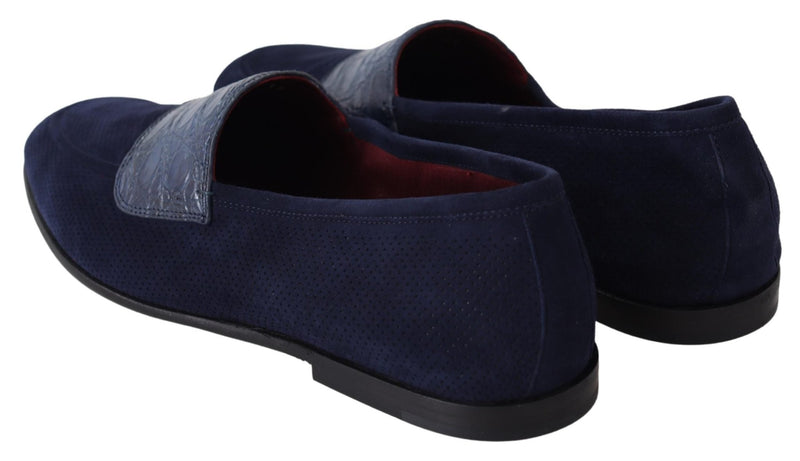 Blue Suede Caiman Loafers Slippers Shoes - Avaz Shop