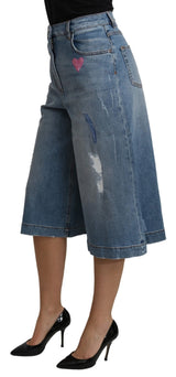 Blue Wide Leg Cropped Mid Waist Cotton Jeans - Avaz Shop