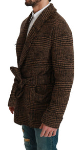 Brown Checkered Wool Robe Coat Wrap Jacket - Avaz Shop