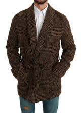 Brown Checkered Wool Robe Coat Wrap Jacket - Avaz Shop
