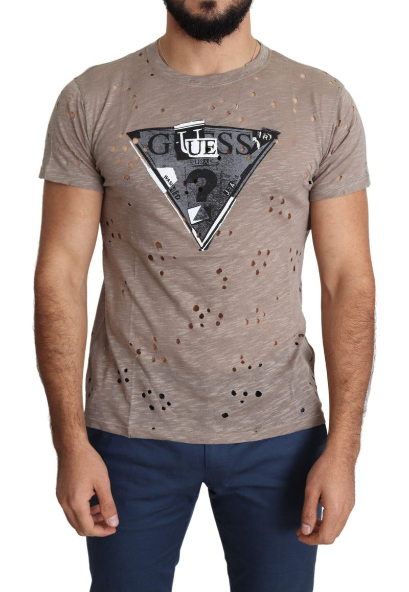Brown Cotton Stretch Logo Print Men Casual Perforated T-shirt - Avaz Shop