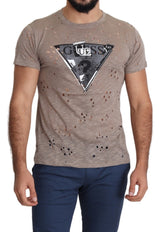 Brown Cotton Stretch Logo Print Men Casual Perforated T-shirt - Avaz Shop