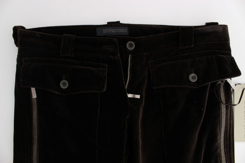 Brown Cotton Velvet Zippers Slim Fit Pants - Avaz Shop