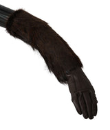 Brown Elbow Length Mittens Leather Fur Gloves - Avaz Shop