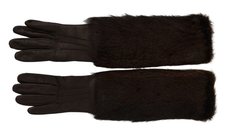 Brown Elbow Length Mittens Leather Fur Gloves - Avaz Shop