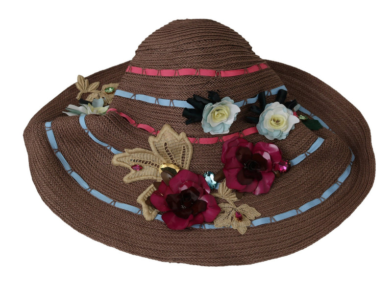 Brown Floral Wide Brim Straw Floppy Cap Hat - Avaz Shop