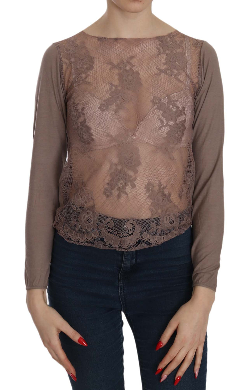 Brown Lace See Through Long Sleeve Top - Avaz Shop