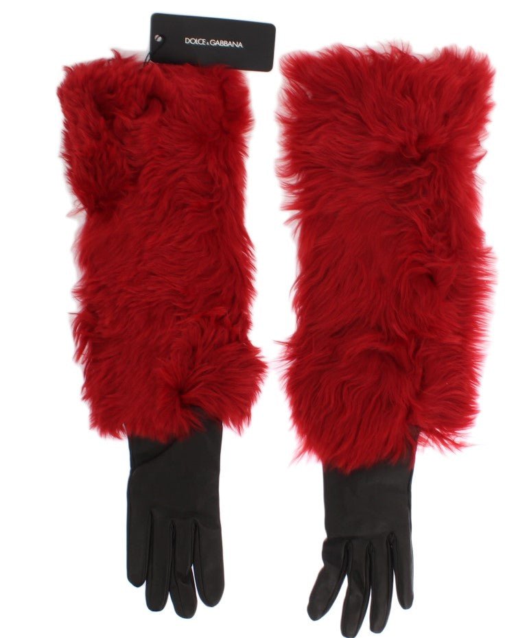 Brown Leather Red Fur Elbow Gloves - Avaz Shop