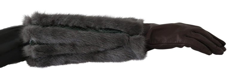 Brown Mid Arm Length Leather Fur Gloves - Avaz Shop