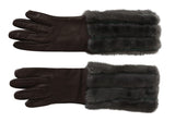 Brown Mid Arm Length Leather Fur Gloves - Avaz Shop