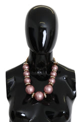 Gold Brass Pink Maxi Faux Pearl Beads Crystals Necklace - Avaz Shop