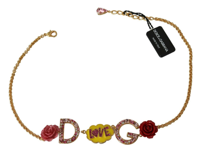 Gold DG Logo Rose Love Crystal Charm Necklace - Avaz Shop