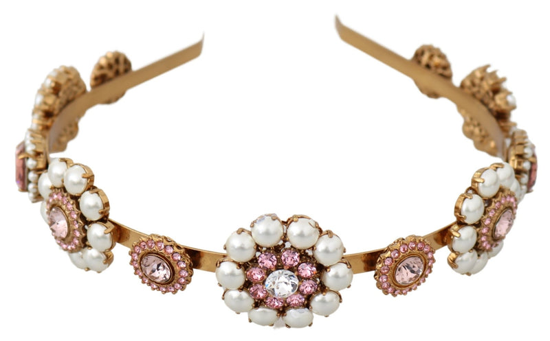 Gold Tiara Crystal Floral Pearl Headband Logo Diadem - Avaz Shop