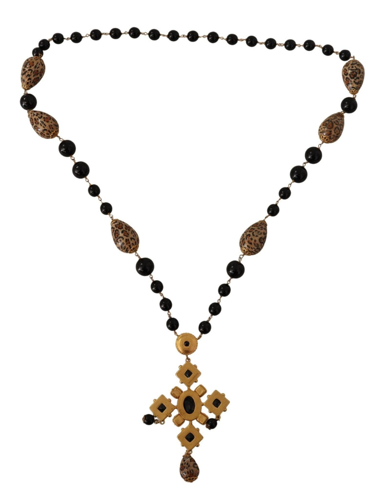 Gold Tone Brass Leopard Cross Chain Black Crystal Necklace - Avaz Shop